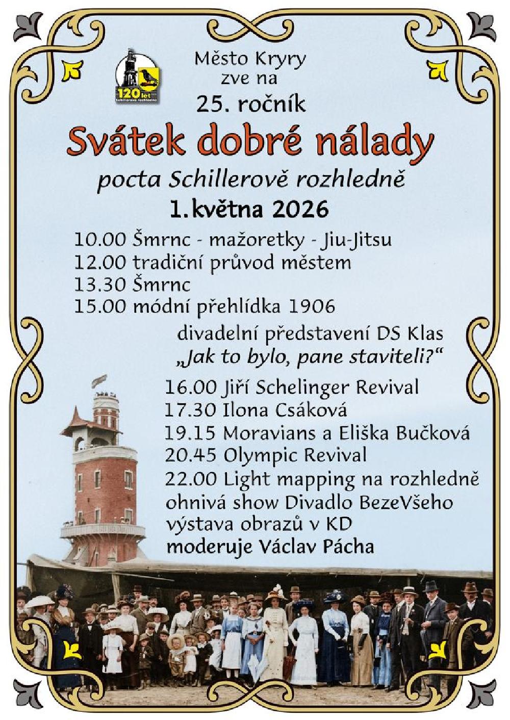 Pozv�nka na oslavu 120 let Schillerovy rozhledny v Kryrech, kter� se uskute�n� 1. 5. 2026.