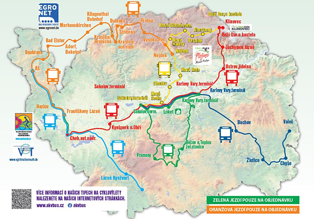 Mapka tras cyklobus Karlovarskho kraje pro seznu 2024.