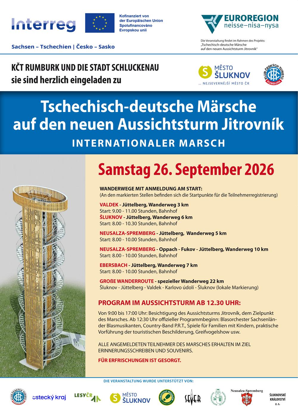 Einladung zu den internationalen deutsch-tschechischen M�rschen zum neuen Aussichtsturm Jitrovn�k.