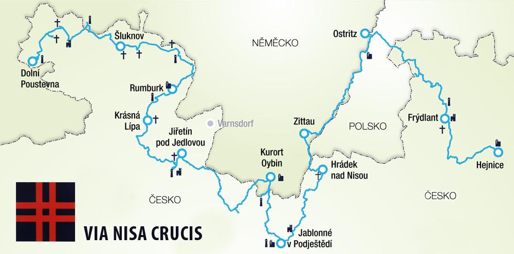 Vyzna�en� etap poutn� stezky Via Nisa Crucis na map�.
